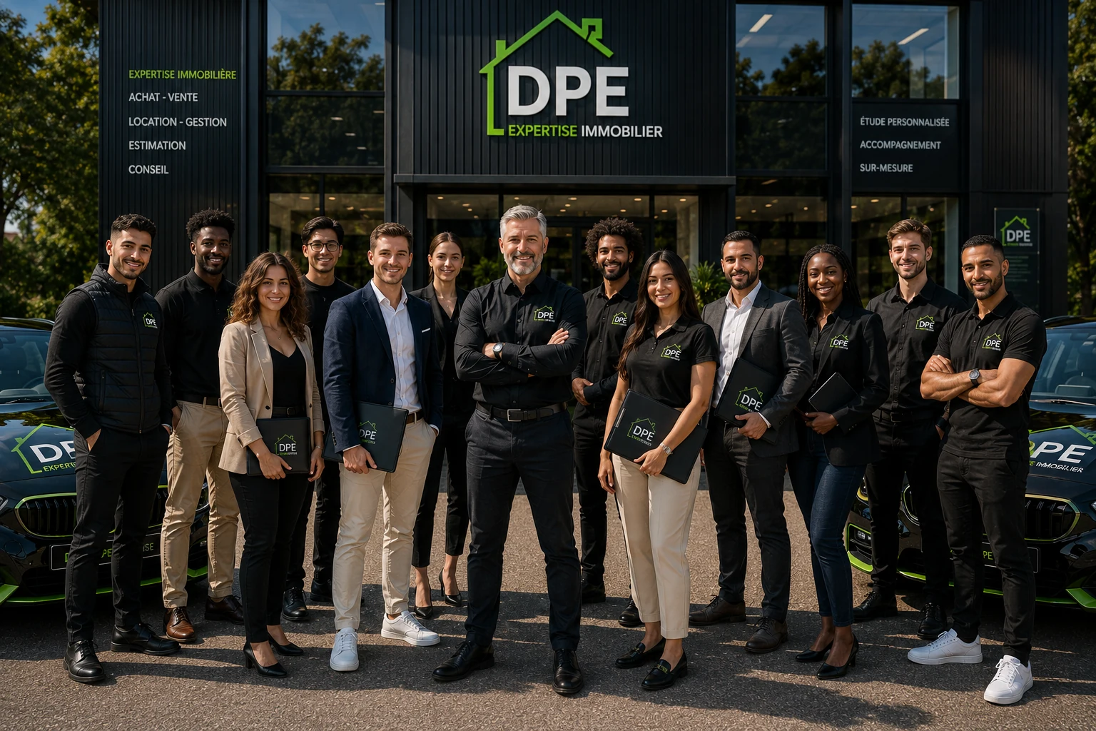 Équipe DPE Expertise Immobilier devant les locaux